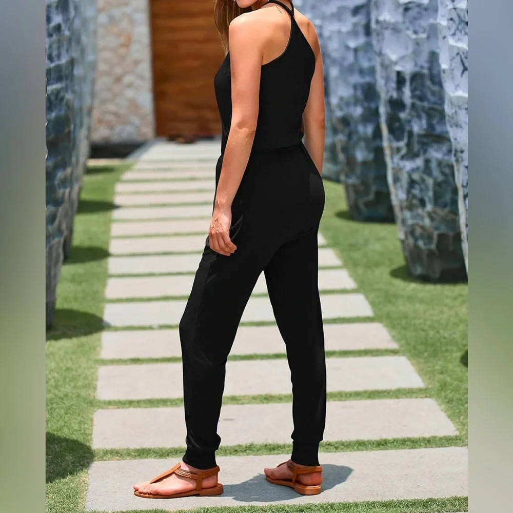 🤍 Black Jumpsuit V Neck Sleeveless One Piece Pants Romper w/Pockets 🤍 - Picture 3 of 12